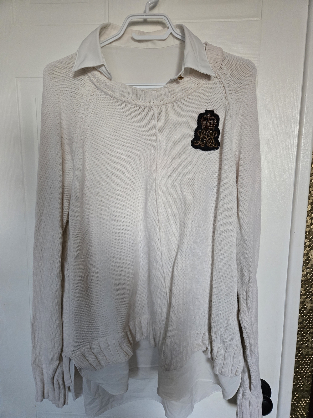 Lauren Ralph Lauren Cream Knit Sweater with Black Crest Patch